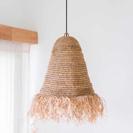 Raffia Boho Lampenschirm – Hängelampe – Pendelleuchte, handgewebt mit langen Fransen (3 Größen Ø 30/40/50 cm) KALIMA