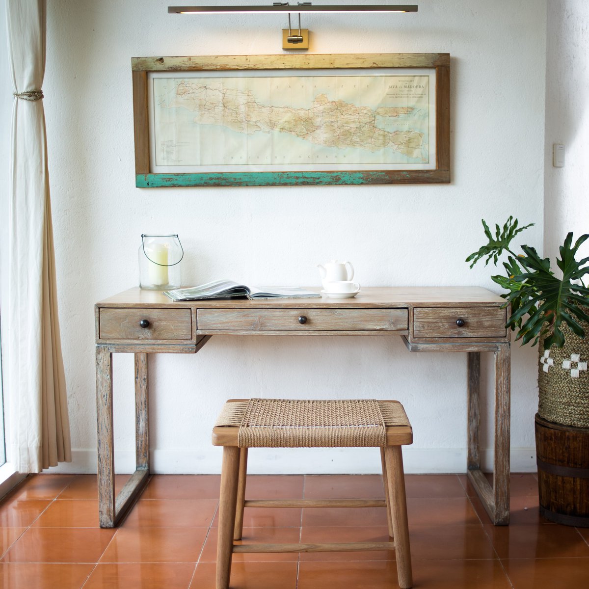 Wooden stool SUNDA made of Trembesi, seat made of woven recycled paper