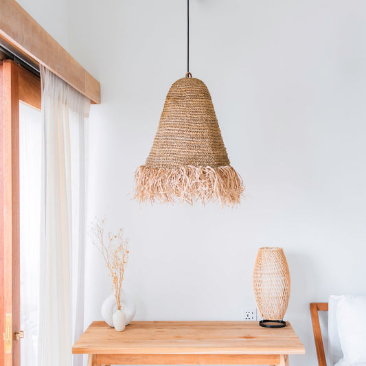 Raffia Boho Lampenschirm – Hängelampe – Pendelleuchte, handgewebt mit langen Fransen (3 Größen Ø 30/40/50 cm) KALIMA