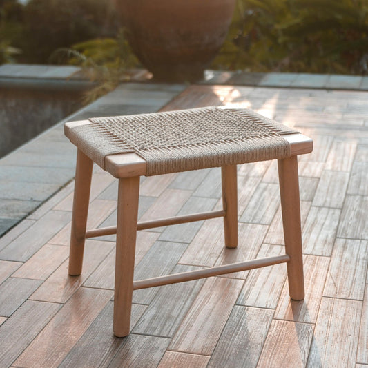 Wooden stool SUNDA made of Trembesi, seat made of woven recycled paper