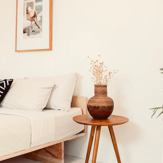 Boho Decor Vase aus geflochtenem Rattan und Holz, KAMARI - braun