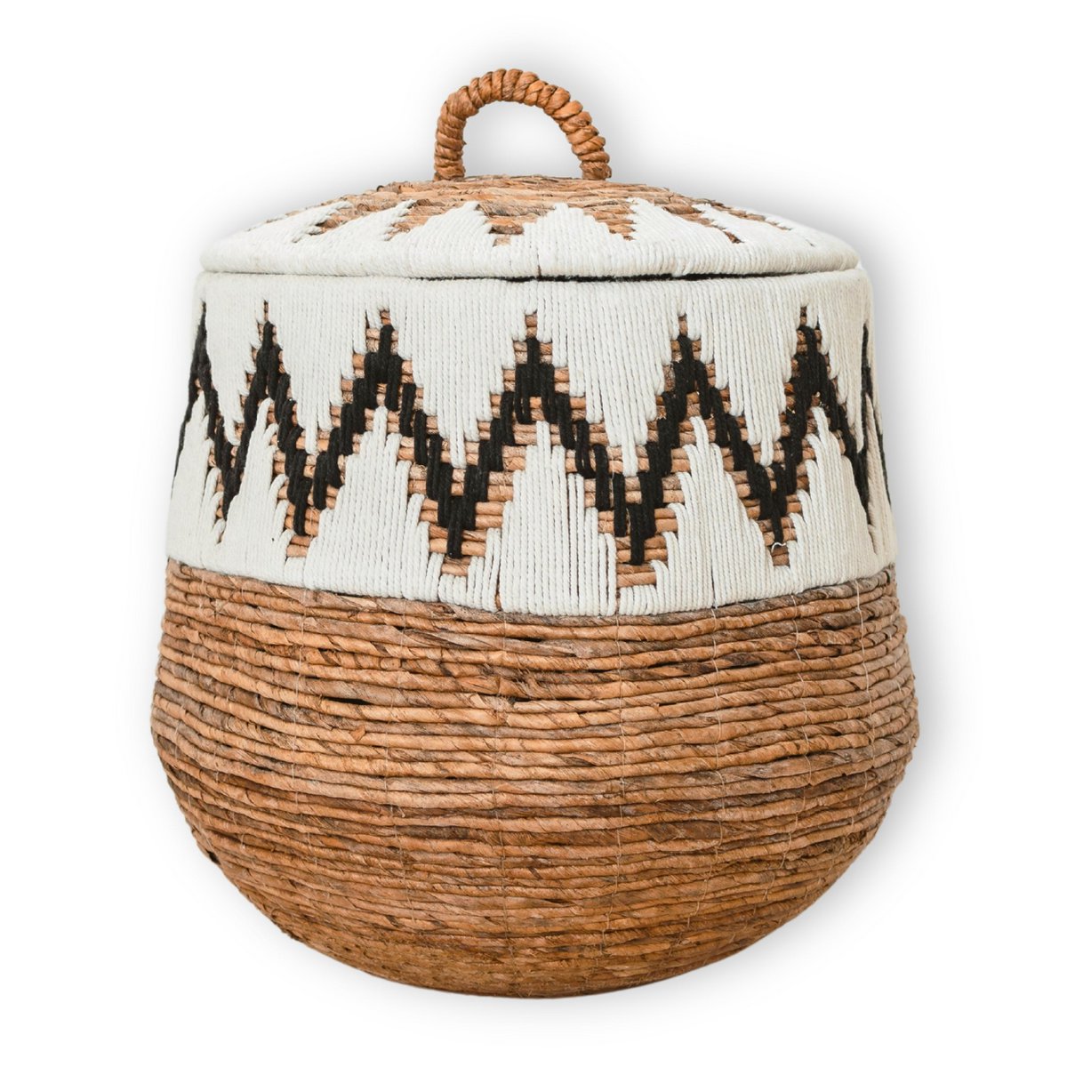 Boho-Wäschekorb mit Deckel, geflochtener Korb mit Baumwollmuster PALEM (3 Größen)