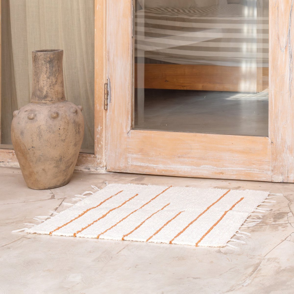 White cotton rug with brown stripes, 64 x 51 cm, hand-woven floor mat GIANYAR
