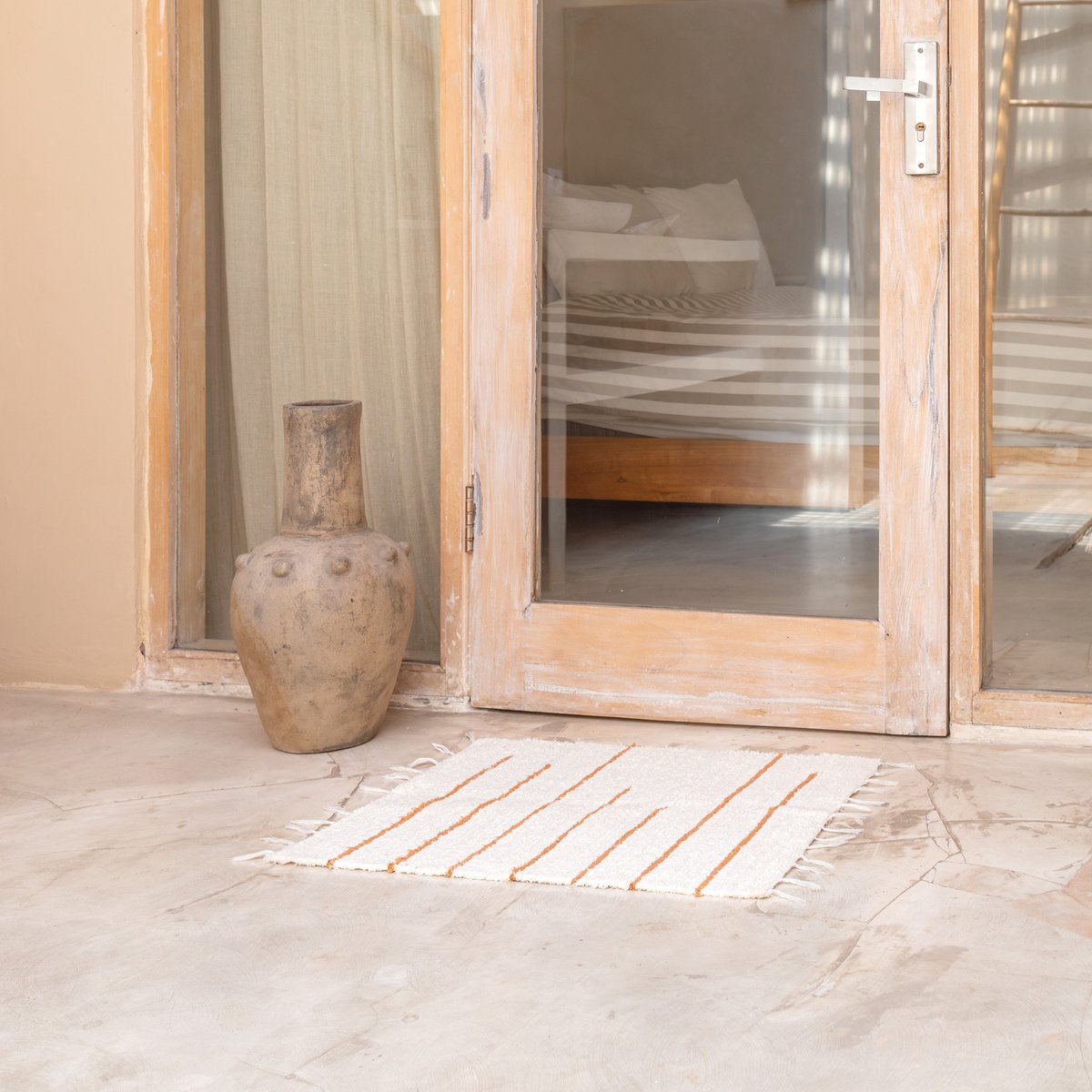 White cotton rug with brown stripes, 64 x 51 cm, hand-woven floor mat GIANYAR