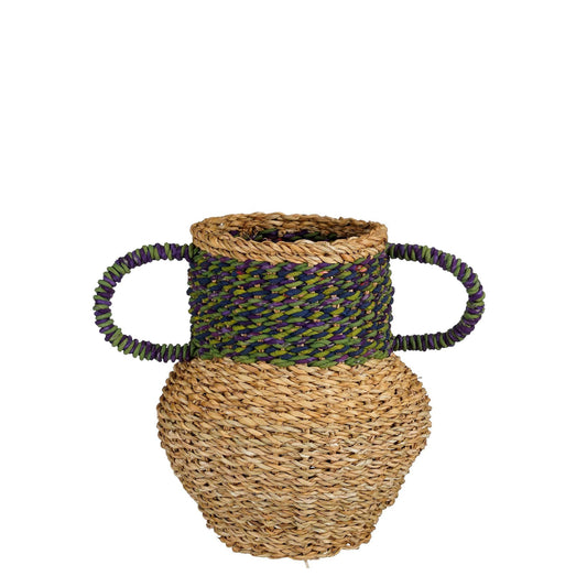 Seegras Dekorationsvase mit Griffen, grün - H28 x T25 cm