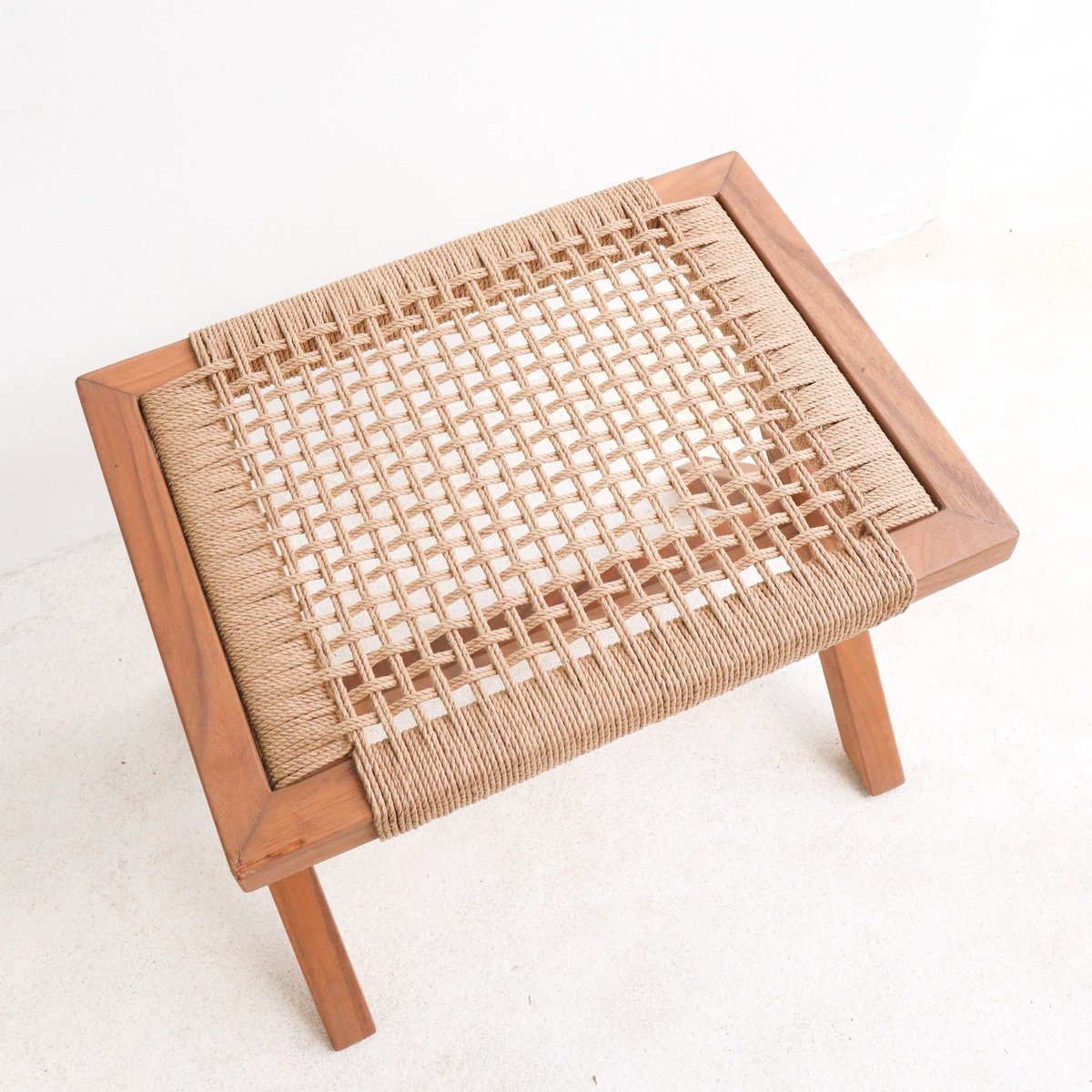 Wooden INDRA stool made of Trembesi with a seat made of woven recycled paper