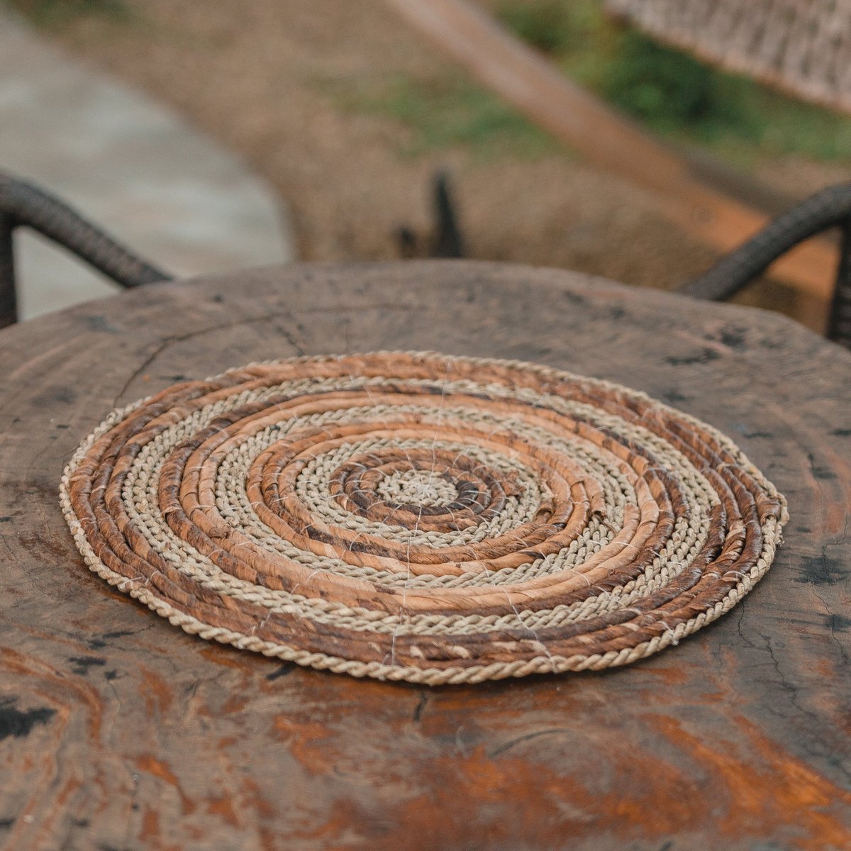 Tischset (4er- oder 6er-Set) MATARAM | Boho Tischset rund aus Bananenfaser & Seegras 38 cm
