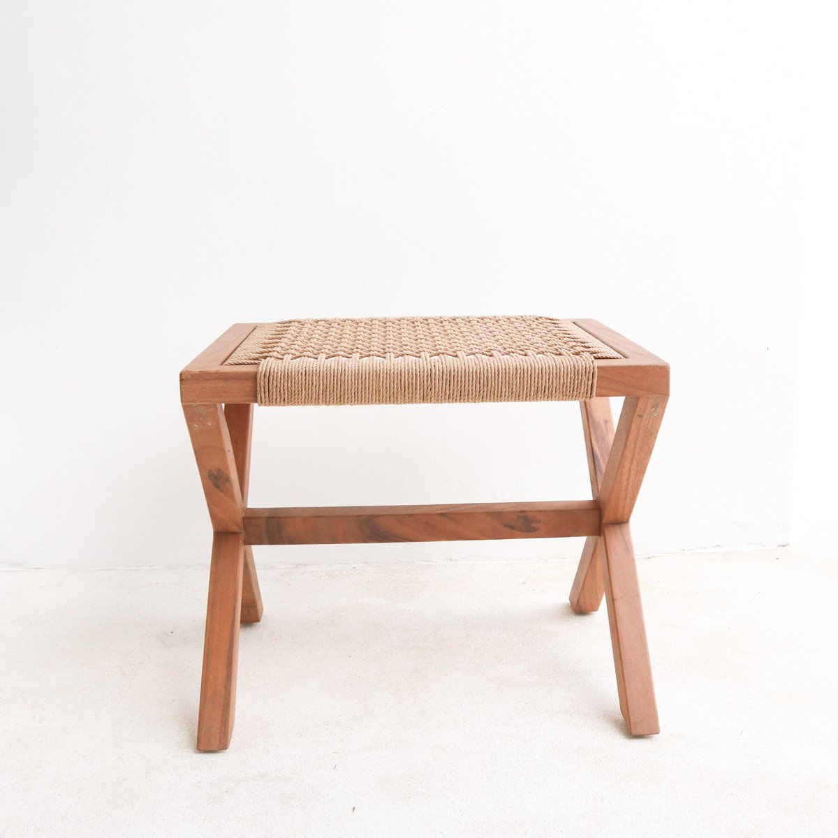 Wooden INDRA stool made of Trembesi with a seat made of woven recycled paper