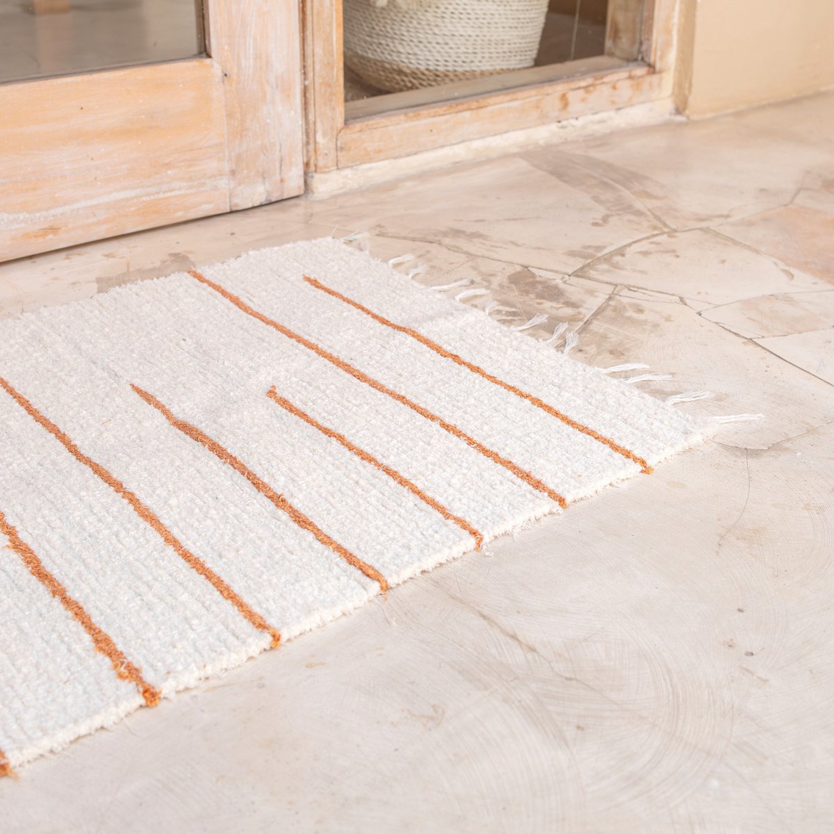 White cotton rug with brown stripes, 64 x 51 cm, hand-woven floor mat GIANYAR