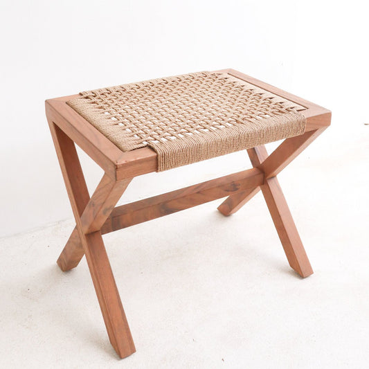 Wooden INDRA stool made of Trembesi with a seat made of woven recycled paper