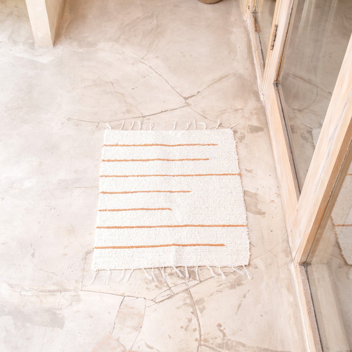 White cotton rug with brown stripes, 64 x 51 cm, hand-woven floor mat GIANYAR
