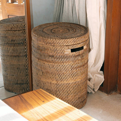 Large laundry basket with lid, SARI brown, storage basket - rattan basket (2 sizes)