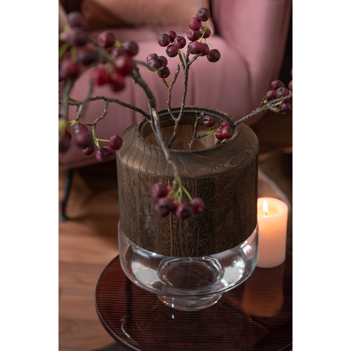 Vase aus Glas mit Holzaufsatz - large