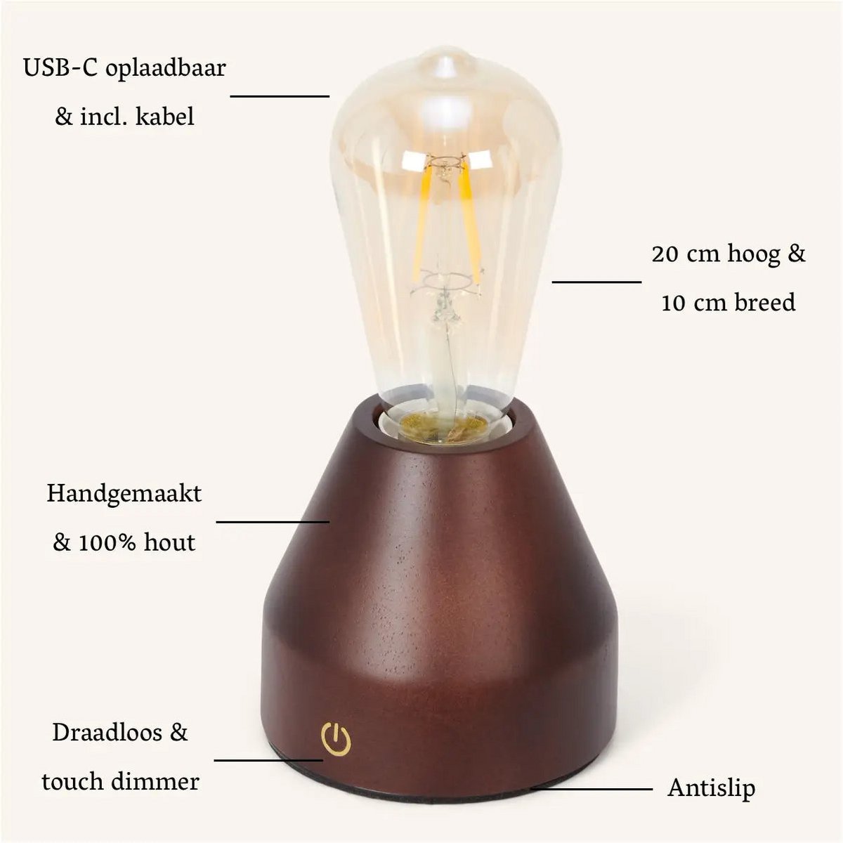 Dark brown rechargeable LED table lamp 'Zavi' - wireless, dimmable