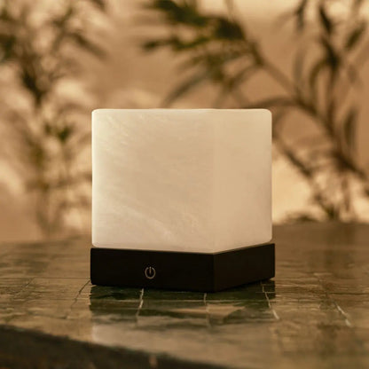 Wooden lamp 'Yce Black' with frosted glass, cube - rechargeable, dimmable, 100-hour battery