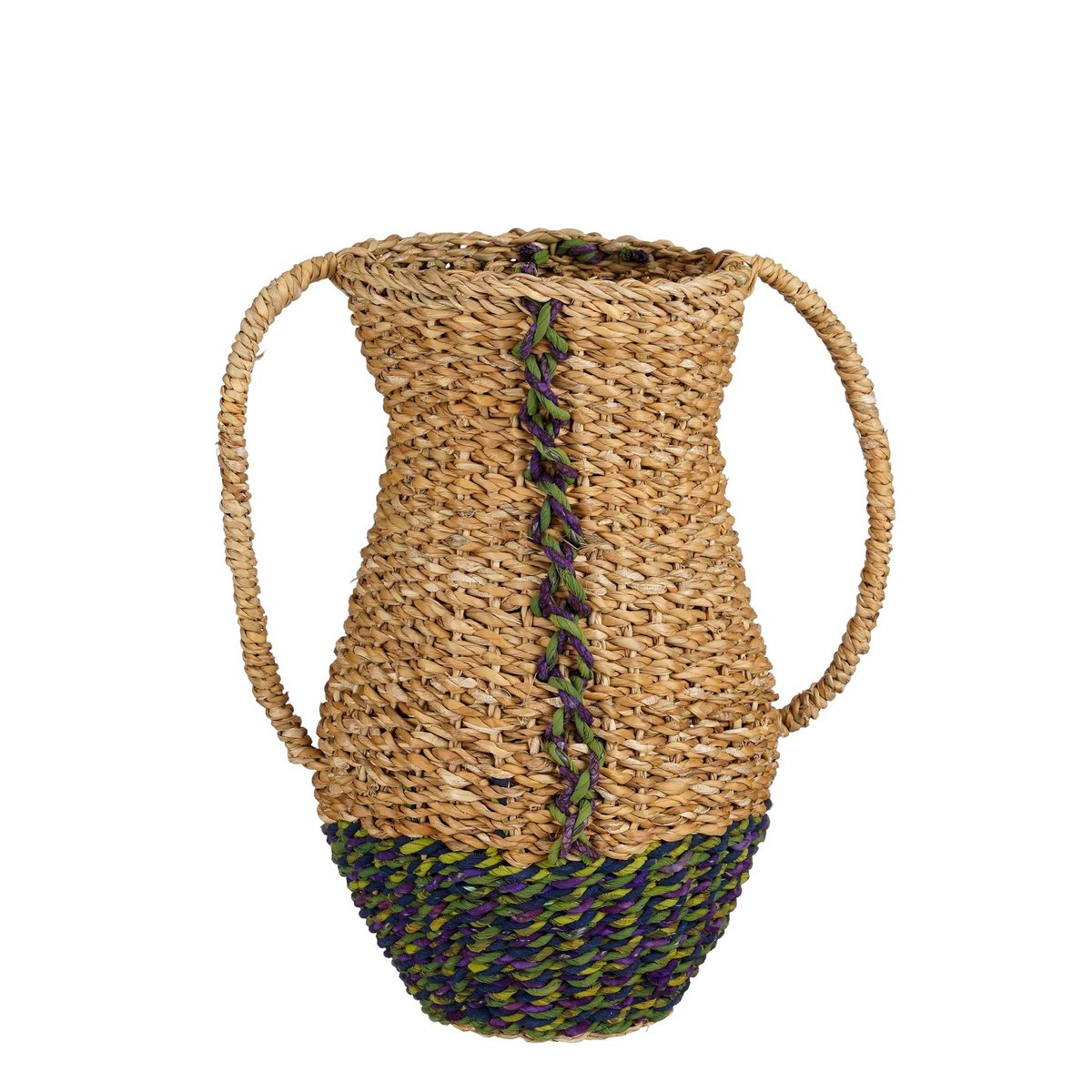 Seagrass decorative vase with handles, green - H35 x D23 cm
