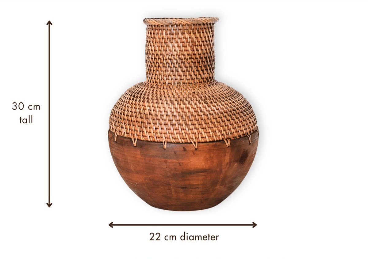 Boho Decor vase made of woven rattan and wood, KAMARI - brown