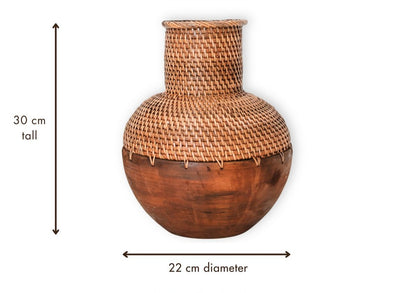 Boho Decor vase made of woven rattan and wood, KAMARI - brown