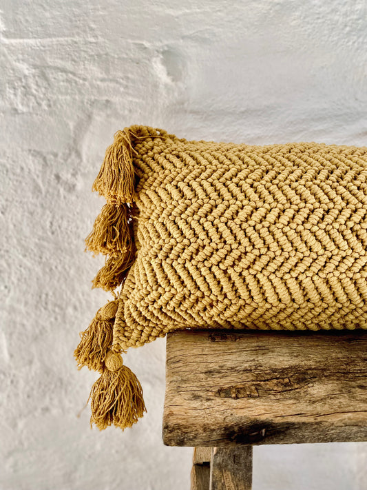 Cushion with tassels, long - ochre, 60 x 30 cm