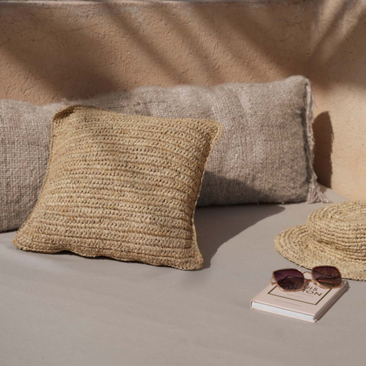 The square cushion cover “Bast Flores”, natural 40 x 40