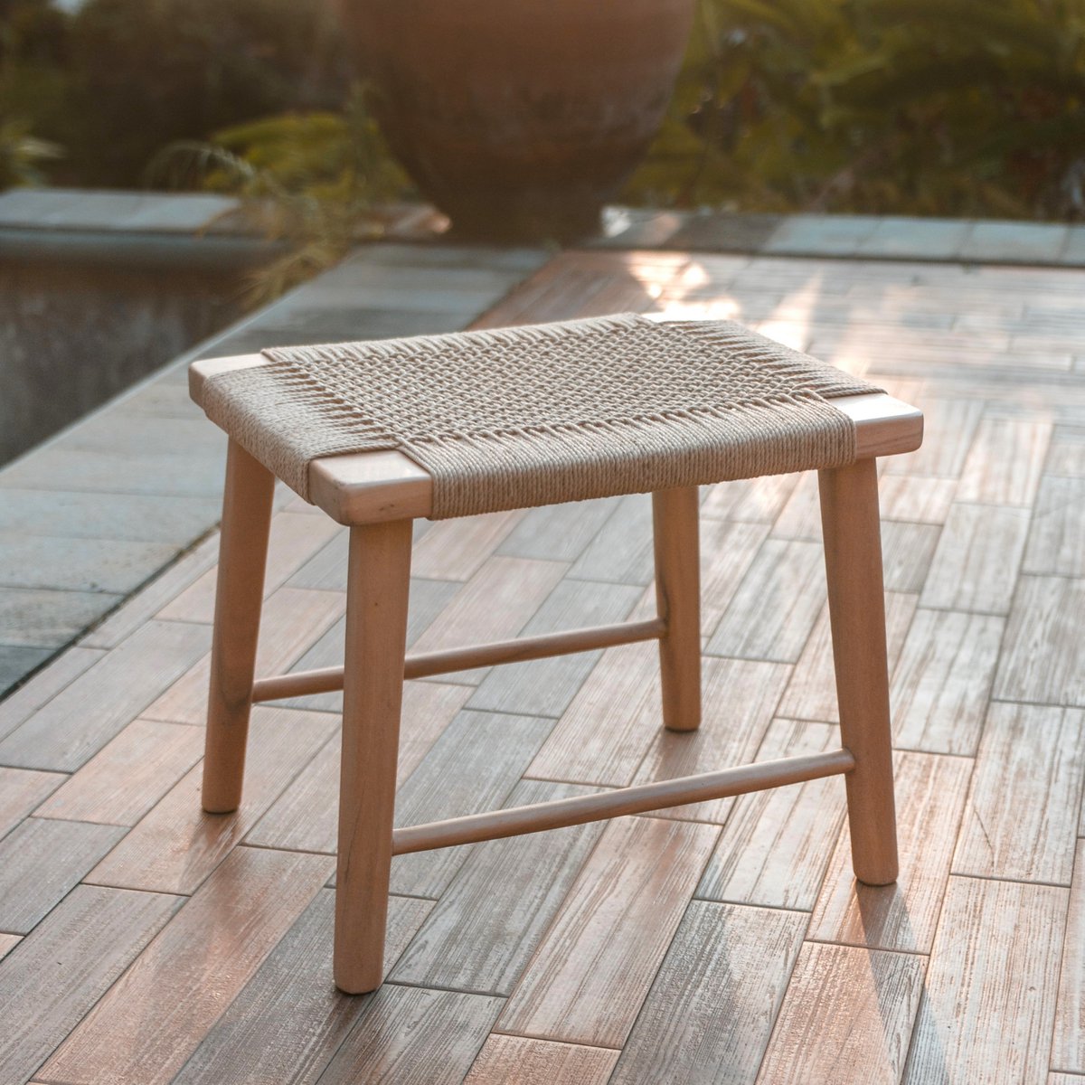 Wooden stool SUNDA made of Trembesi, seat made of woven recycled paper