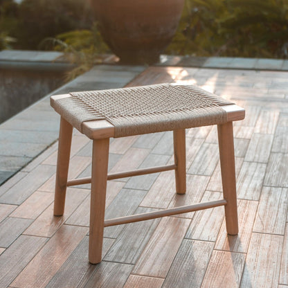 Wooden stool SUNDA made of Trembesi, seat made of woven recycled paper