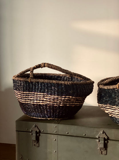 Set of 2 round baskets with carrying handle - seagrass, black