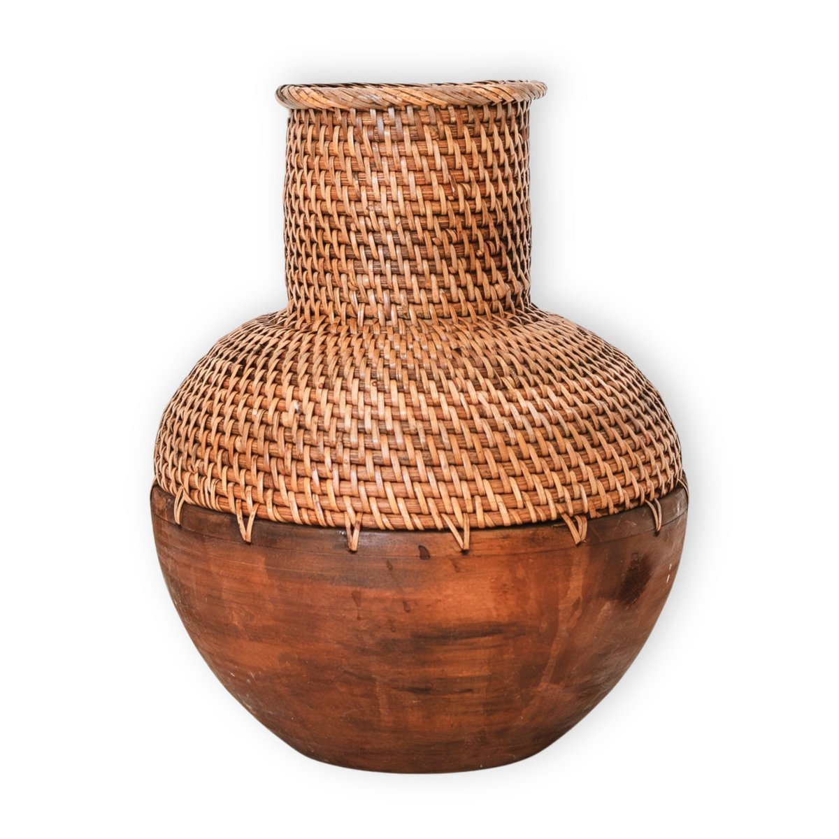 Boho Decor vase made of woven rattan and wood, KAMARI - brown