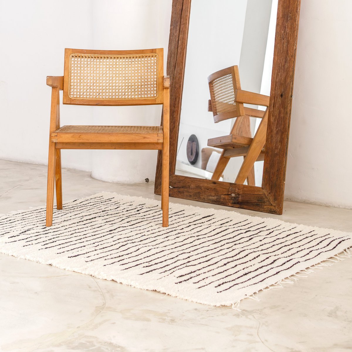 White cotton rug with black stripes, 150 x 120 cm, KERTA, handwoven