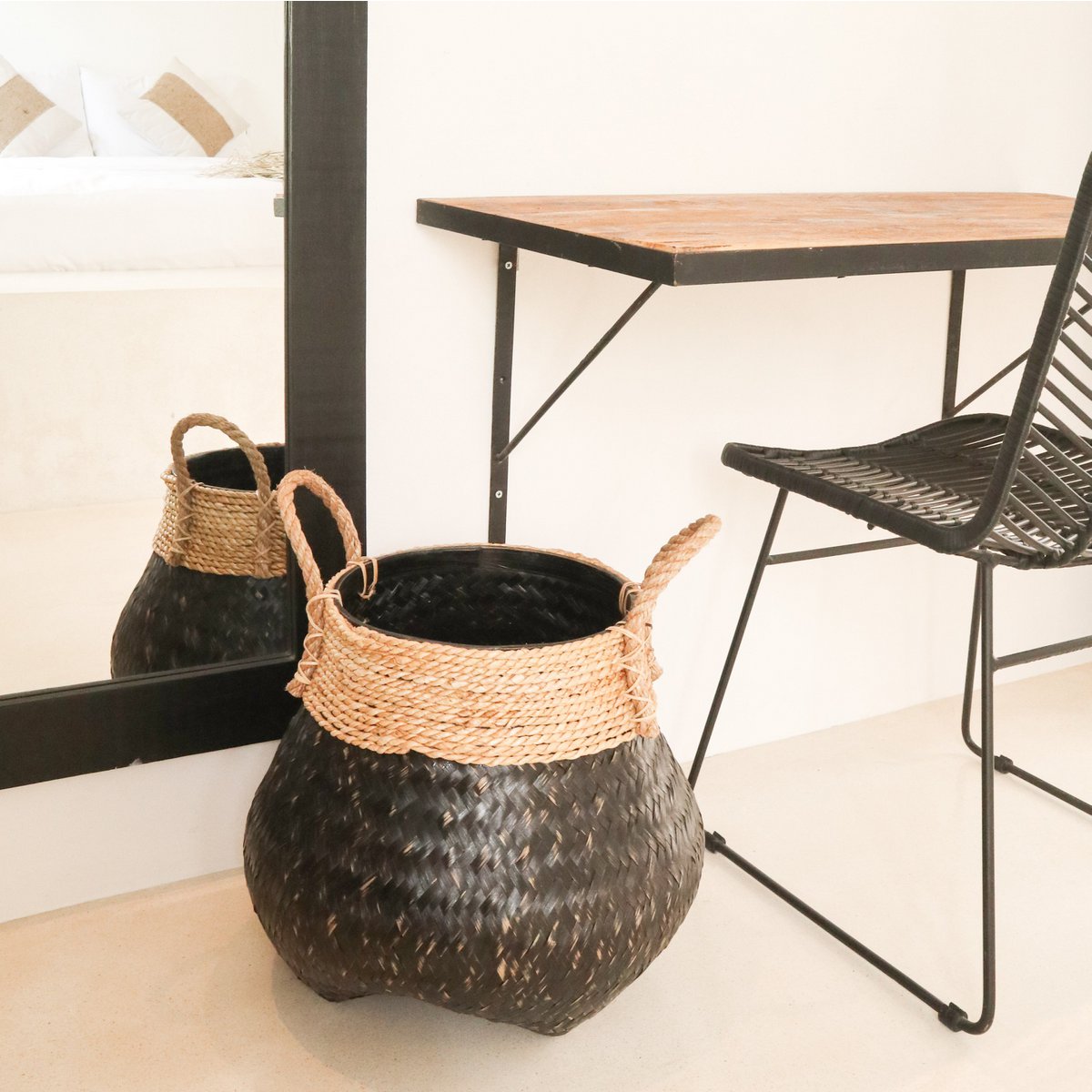 Black plant basket BENOA, decorative basket made of bamboo and seagrass (3 sizes)