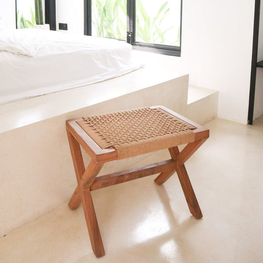 Wooden INDRA stool made of Trembesi with a seat made of woven recycled paper