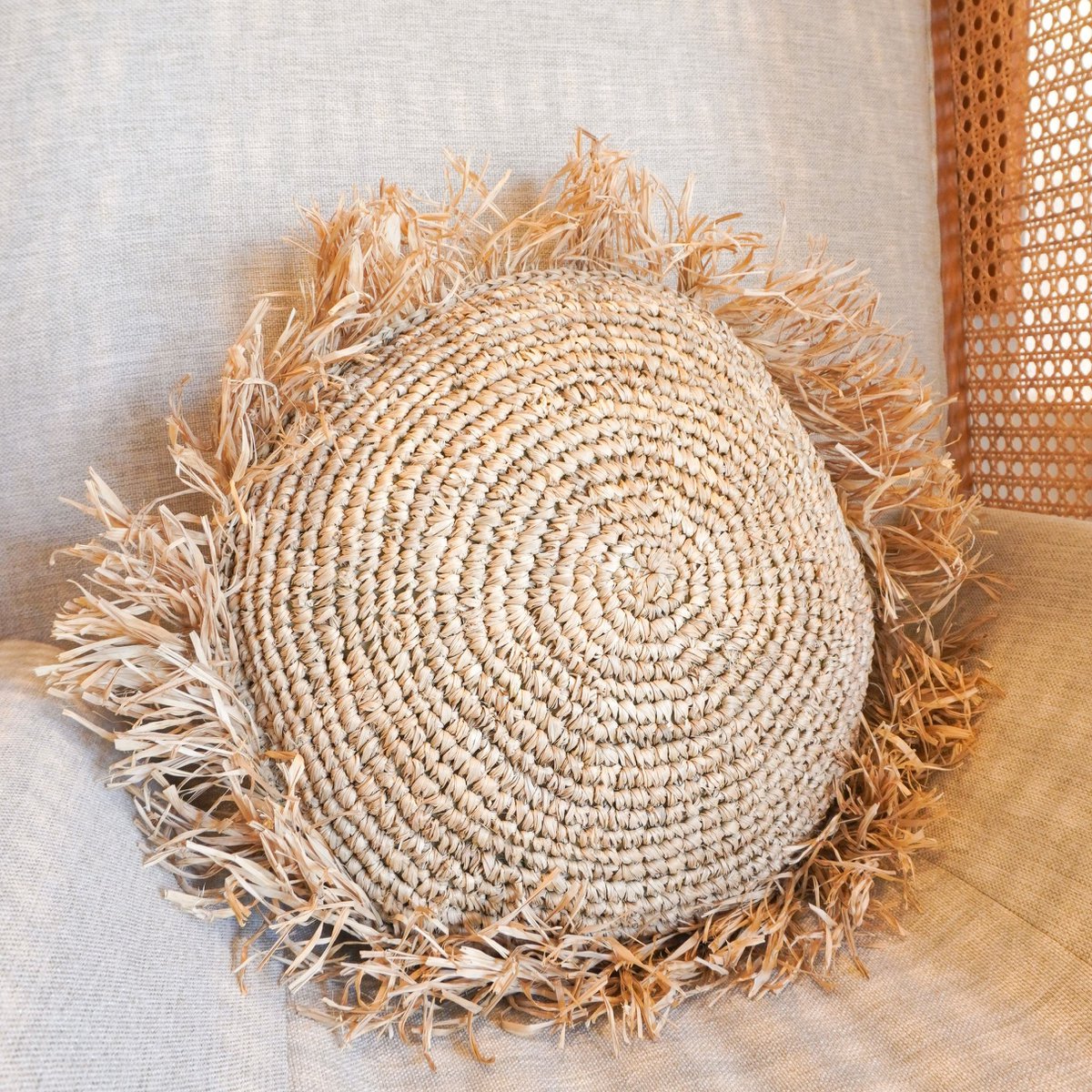 Round boho cushion with fringes, decorative cushion TARAKAN