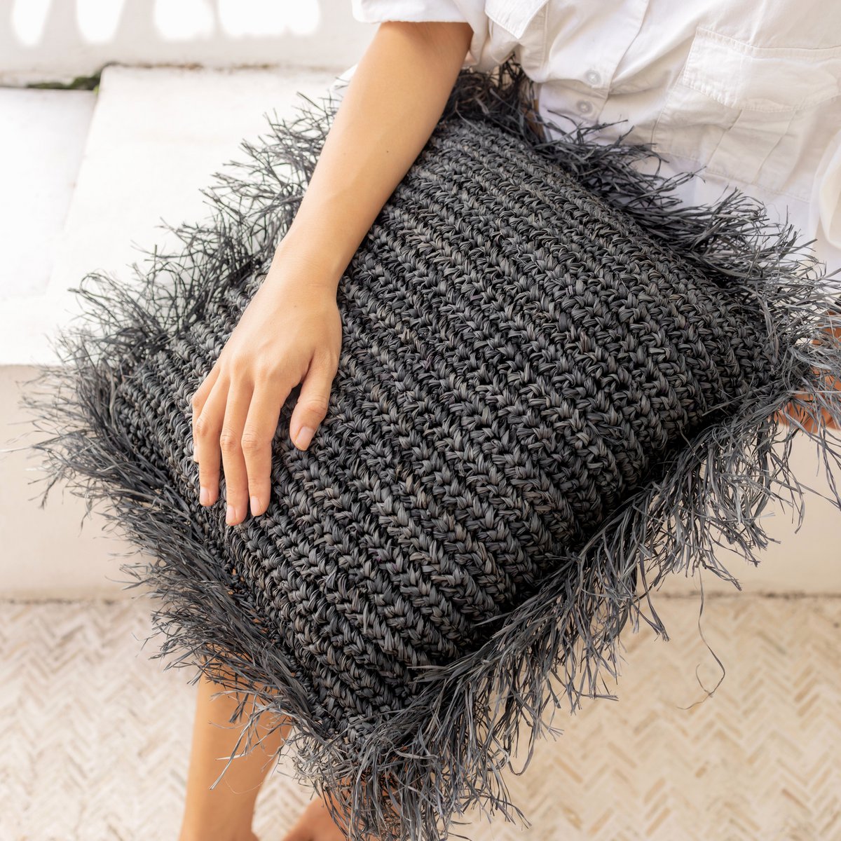 Black raffia cushion with filling - boho decorative cushion with fringes, GANDI made of raffia (2 sizes)