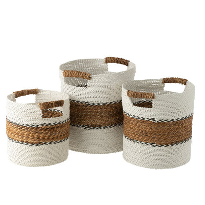 Set of 3 baskets with handle Laura, raffia - white/natural