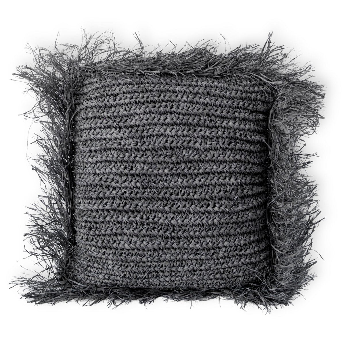 Black raffia cushion with filling - boho decorative cushion with fringes, GANDI made of raffia (2 sizes)