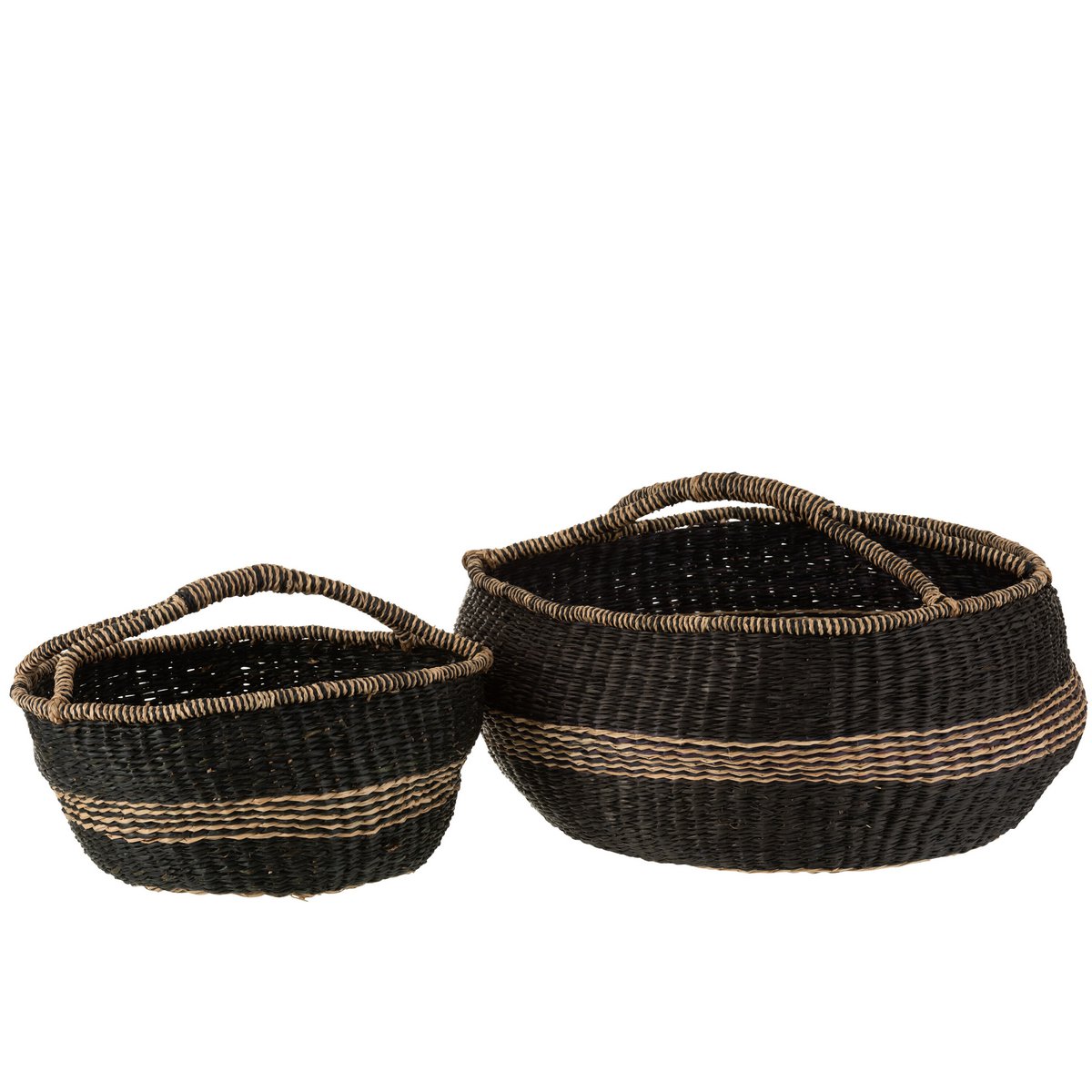 Set of 2 round baskets with carrying handle - seagrass, black