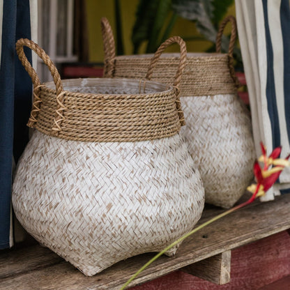 White plant basket BENOA, decorative basket made of bamboo and seagrass (3 sizes)