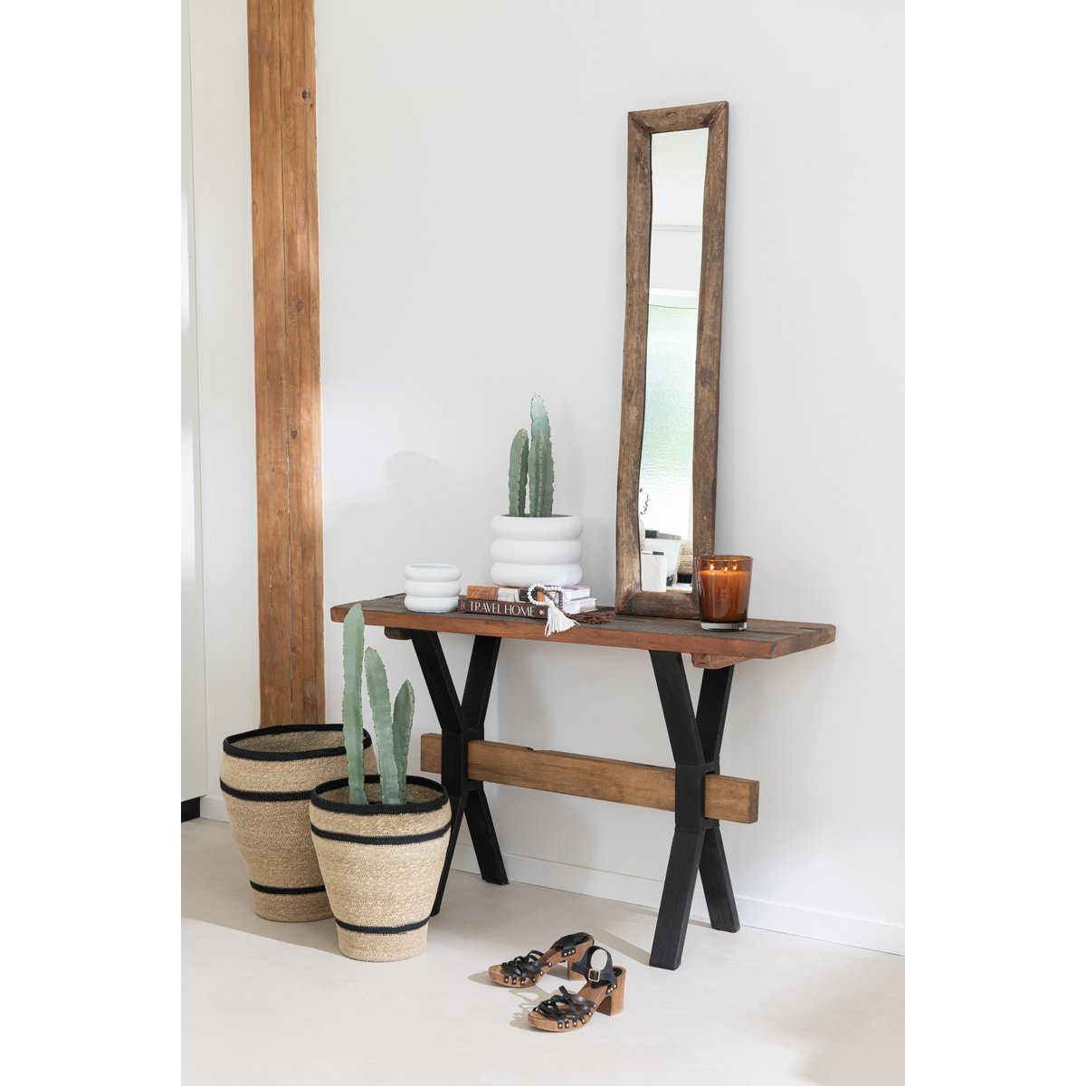 Narrow mirror with wooden frame - wall mirror 120 x 24 cm
