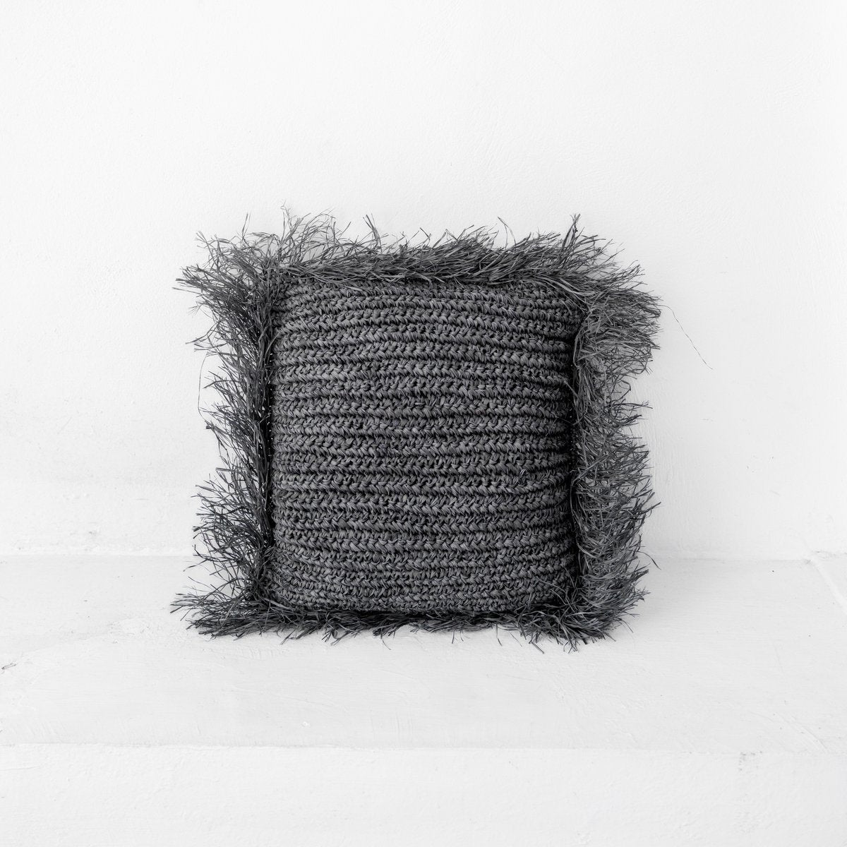 Black raffia cushion with filling - boho decorative cushion with fringes, GANDI made of raffia (2 sizes)