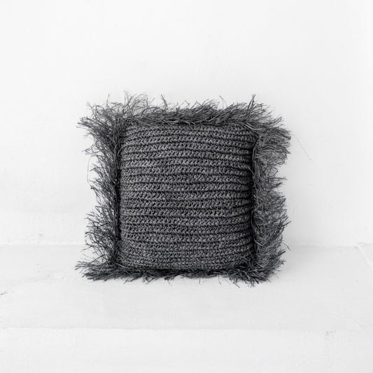 Black raffia cushion with filling - boho decorative cushion with fringes, GANDI made of raffia (2 sizes)