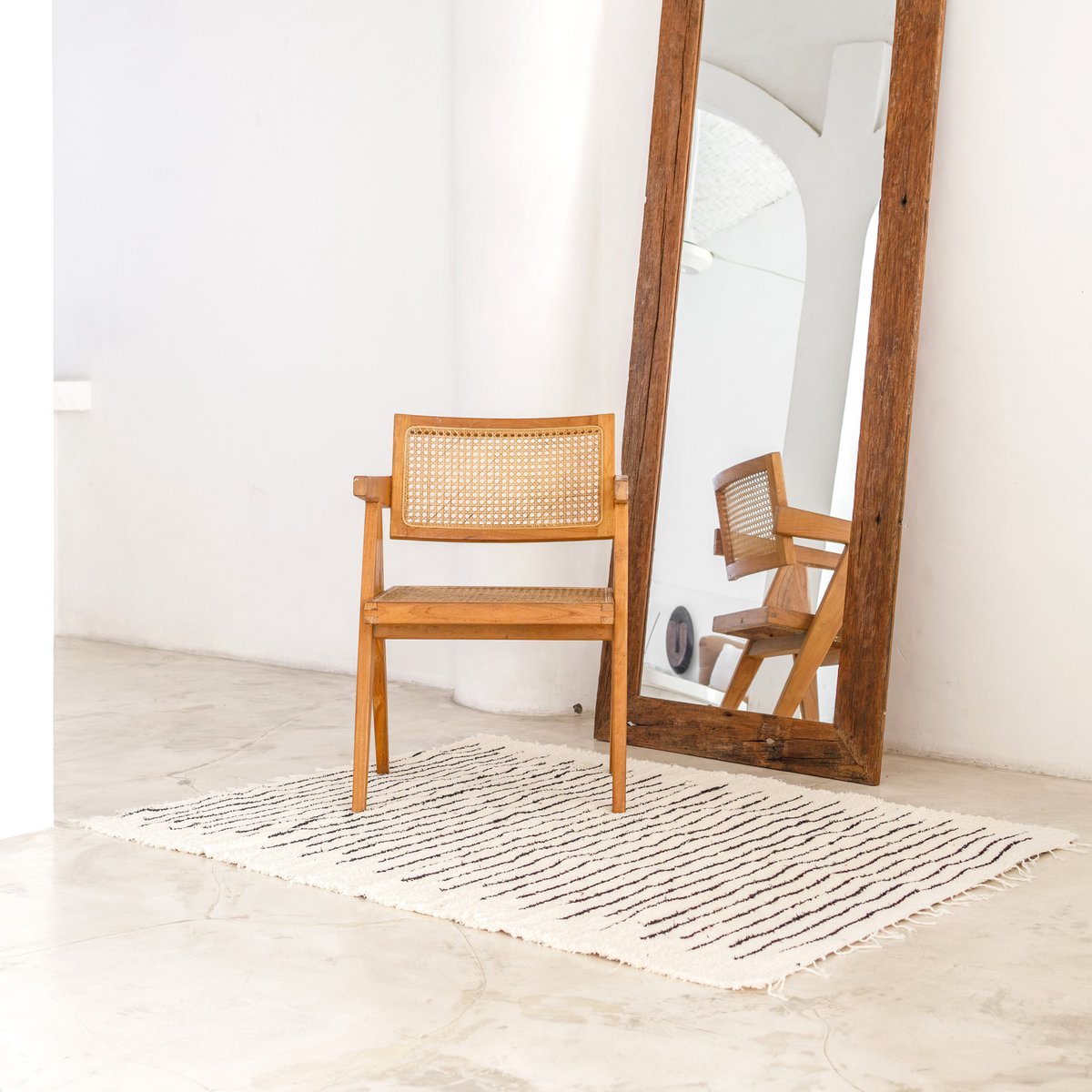 White cotton rug with black stripes, 150 x 120 cm, KERTA, handwoven