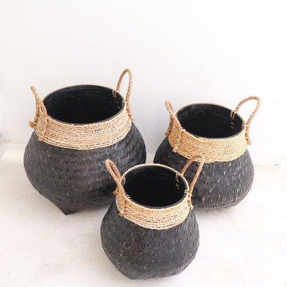 Black plant basket BENOA, decorative basket made of bamboo and seagrass (3 sizes)