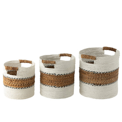 Set of 3 baskets with handle Laura, raffia - white/natural