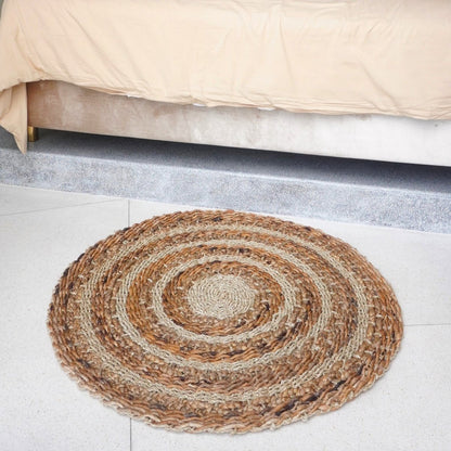 Carpet 100/120 cm with stripes, round plant fiber carpet made of banana fibers, seagrass and water hyacinth, brown beige carpet POHON (2 sizes)